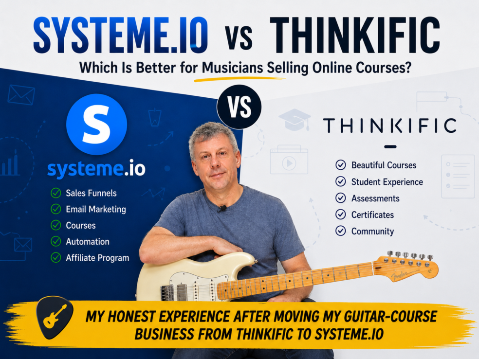 Paul Hill Holding An Electric Guitar Beside A Comparison Of Systeme.io And Thinkific For Musicians Selling Online Courses.